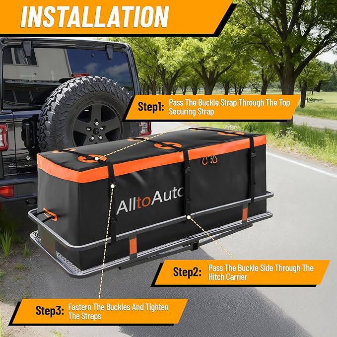 25 CuFt Waterproof Cargo Bag for Hitch Carrier | 60"x24"x31" Trailer Hitch Cargo Carrier | Weatherproof Truck Bed Storage with Straps, Lock & Carry Case | PVC Vehicle Soft-Shell Carriers