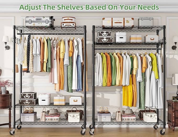 Simple Trending Heavy Duty Clothing Rack 3 Tiers Adjustable Wire Shelving Clothes Rack with Double Rods and Side Hooks, Frees
