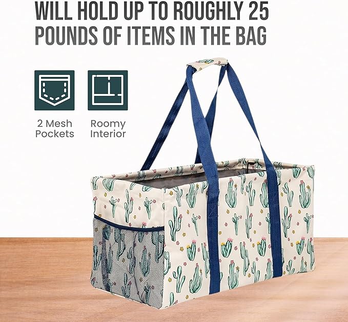 Extra Large Utility Tote Bag, Oversized Collapsible Reusable Wire Frame Rectangular Canvas Basket With Two Exterior Pockets For Beach, Pool, Laundry, Car Trunk, Storage - Cactus White