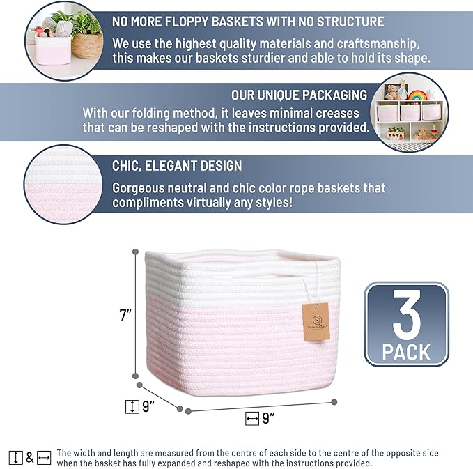 NaturalCozy Storage Cubes 9”x9”x7”Cotton Rope Woven Baskets for Organizing 3-Pack | 9 Inch Cube Storage Bin | Small Basket fo