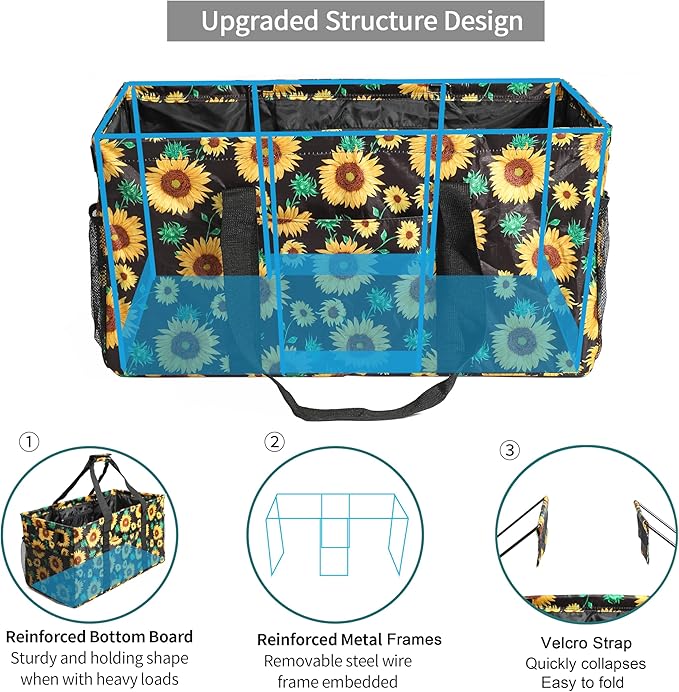 Joyfol Day Extra Large Utility Tote Bag, Reusable Grocery Bags Foldable, Upgraded Metal Frame, With Sturdy Handles Reinforced Bottom Heavy Duty Oxford Fabric Moving Shopping Bags, Sunflower