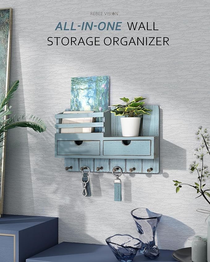 Rebee Vision Decorative Key Holder Wall Mount with 2 Drawer Organizer - Modern Mail Organizer with 6 Key Hooks & Shelf - Home