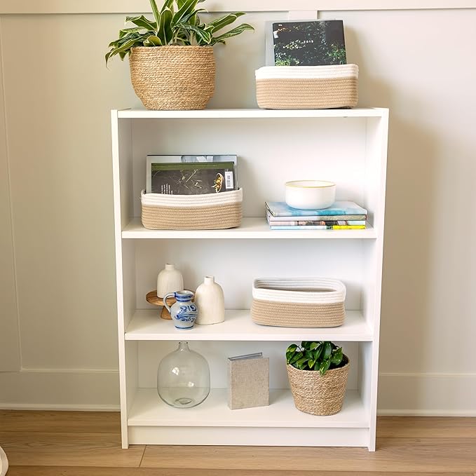 NaturalCozy 11.8"x8"x4.5” Storage Baskets for Shelves 3 Pack | Cotton Rope Woven Small Baskets for Organizing | Small Storage