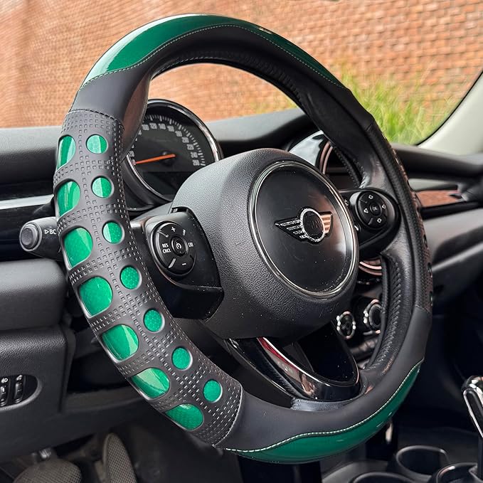 PINCTROT Race Grip Steering Wheel Cover, Anti Slip Silicone Perforated Design with Soft Touch Padding, Enhanced Grip for Sporty Driving, Universal 14.5-15 Inch (Racing Green)