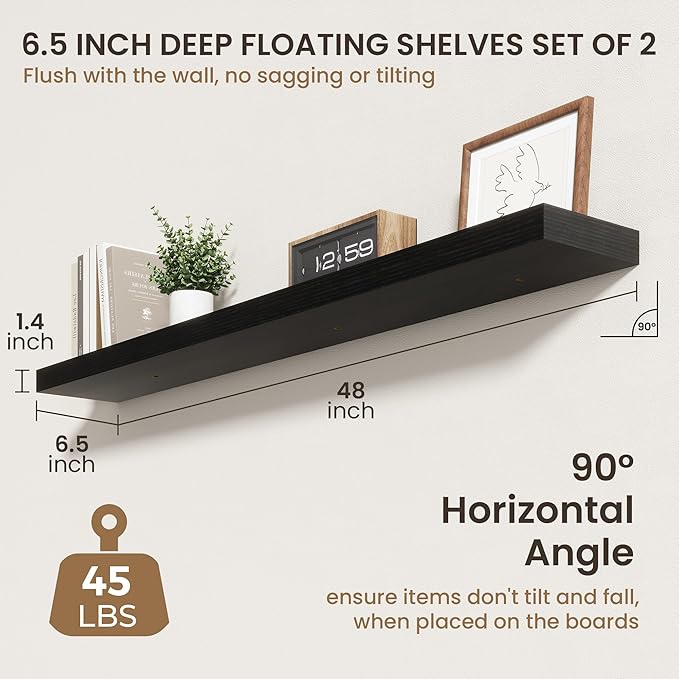 48 Inch Floating Shelves | 6.5 Inch Deep Black Floating Shelves Set of 2 | 48" W x 6.5" D Rustic Black Wood Wall Shelves with