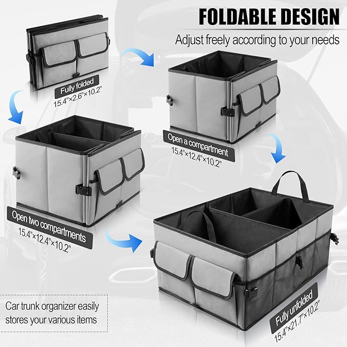 UYYE Auto Collapsible Trunk Organizer, 3 Large Compartments and 6 Pockets Durable for Cargo Storage, Easy to Storage Tools With
