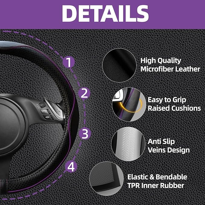 NBTEPEM Microfiber Steering Wheel Cover and Waterproof Car Floor Mats, Universal Fit Most Truck, SUV, Cars, 14.5-15inch Sporty Steering Wheel Covers with Anti-Slip Lining (Black with Purple line)
