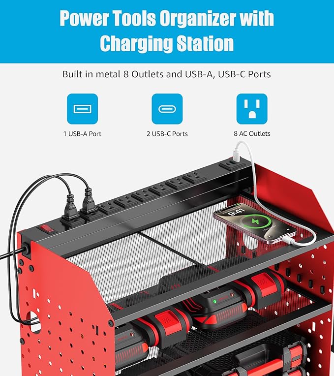 CCCEI Modular Power Tools Organizer with USB Charging Station, 4 Layer Drills and Battery Storage Wall Mount, Garage Shop Org