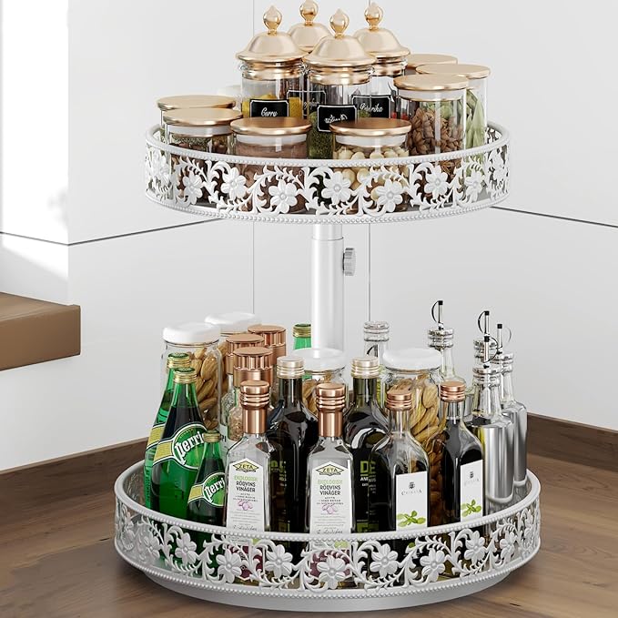 Two Tier Lazy Susan Metal, 2 Tier Wood Lazy Susan 12 Inch, Rotating Spice Rack Organizer for Cabinet Dining Table Top Kitchen