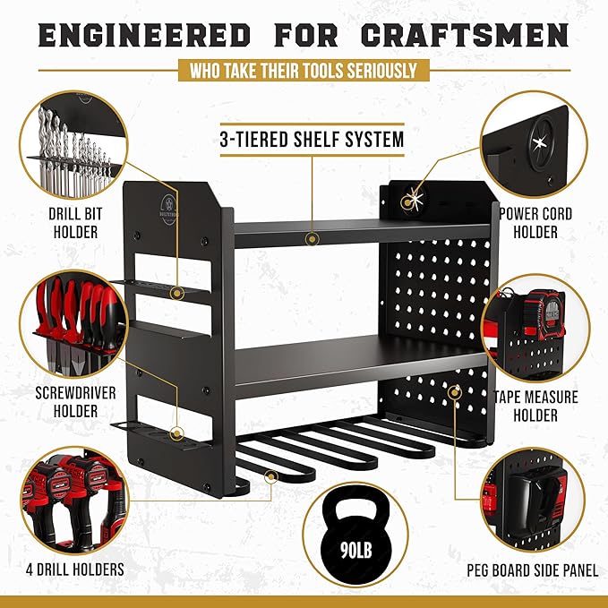 BUILTSTRONG Power Tool Organizer Wall Mount - 3-Tier Heavy-Duty Metal Hand Tool Storage Rack, Utility Racks, Drill Holder, Pe
