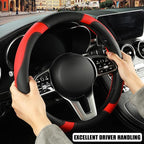 Microfiber Leather D Shaped Steering Wheel Cover, Breathable, Anti Slip, Universal 15 inch, Black with Red