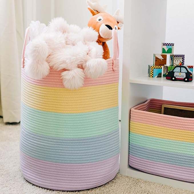 OrganiHaus Large Rainbow Woven Laundry Basket w/Handles 52L, Decorative Toy Storage Bin for Nursery, Colorful Blanket Basket 