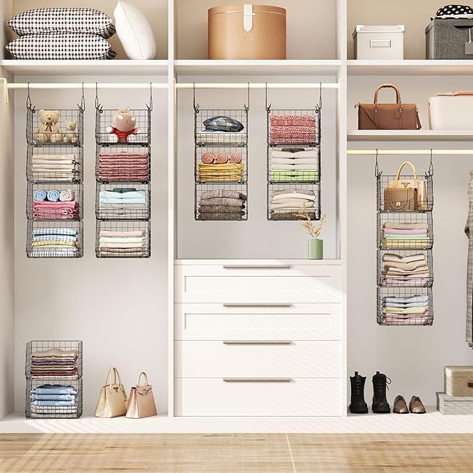 4 Tier Closet Hanging Organizer, Closet Organizers and Storage with 5 S Hooks, Closet Hanging Shelves & Freestanding Wire Sto