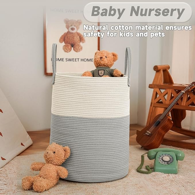 JMvicyroam Large Woven Laundry Basket Hamper,100L Cotton Rope Storage Bin for Blankets,Toys and Clothes,Decorative Tall Nurse