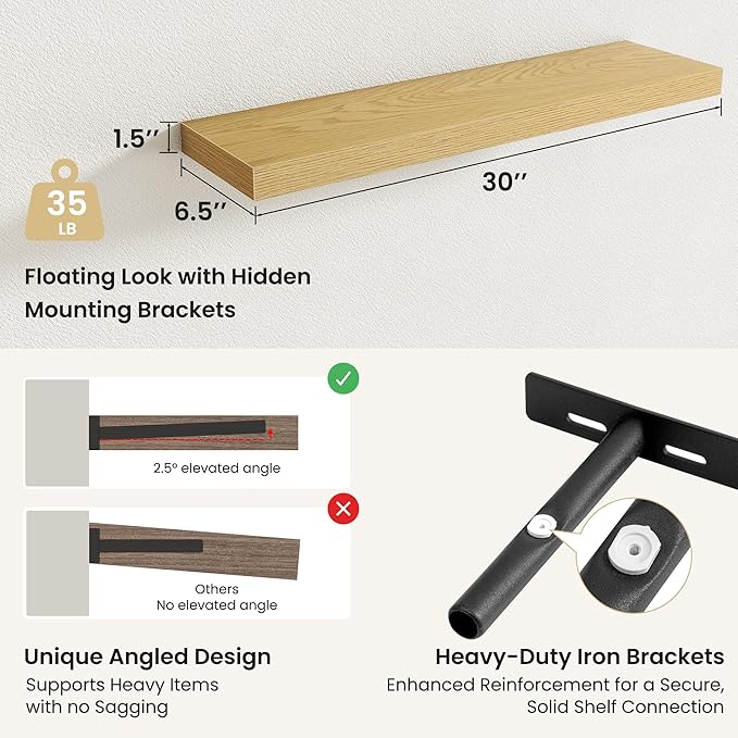 Fun Memories Rustic Wood Floating Shelves for Wall, Space-Saving Wall Mounted Shelves for Bathroom, Bedroom, Living Room and 