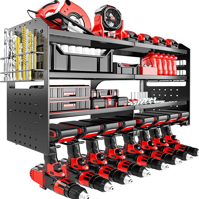 Power Tool Organizer Wall Mount, Metal 4 Layer Heavy Duty Metal Power Tool Storage Rack, Garage Drills Storage Shelves with S
