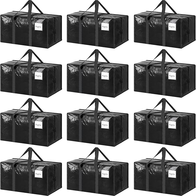 12 Pack Extra Heavy Duty Large Moving Bags with Strong Zipper & Comfortable Handles, Sturdy & Durable Clothes Storage Bags To