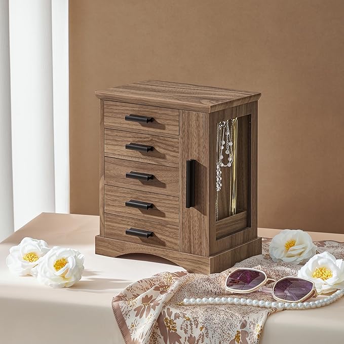 HOOBRO Jewelry Box for Women, Jewelry Organizer with Arc-Shaped Bottom, Wooden Jewelry Box, Side Transparent Window, Vertical
