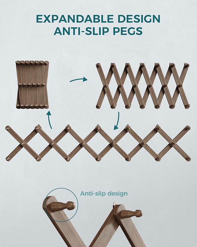 OROPY Wood Accordion Wall Hanger, Expandable Coat Rack Wall Mount with 20 Pegs, Expanding Hat Rack for Wall Walnut Color