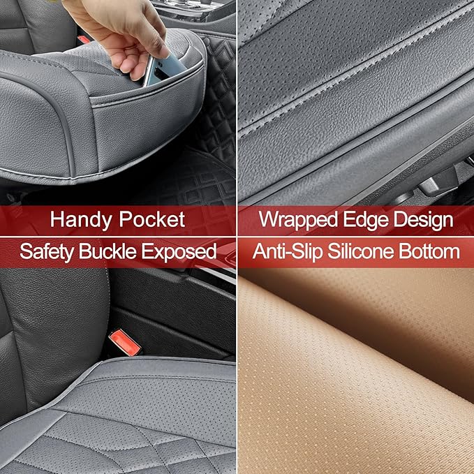 1-Pack Leather Front Car Seat Covers - Bottom Car Seat Covers Fully Wrapped, Non-Slip and Waterproof, Fits Most Vehicles Gray