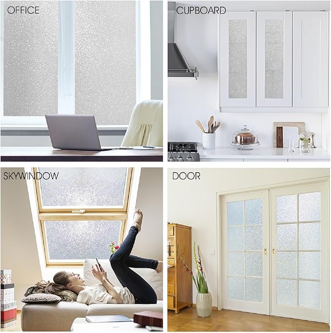 KESPEN Frosted Window Privacy Film Heat Control UV Sun Blocking Glass Stickers Static Cling Non Adhesive Door Coverings Decals for Bathroom Home Office, Sparkling, 35.4 Inch X 8.2 Feet