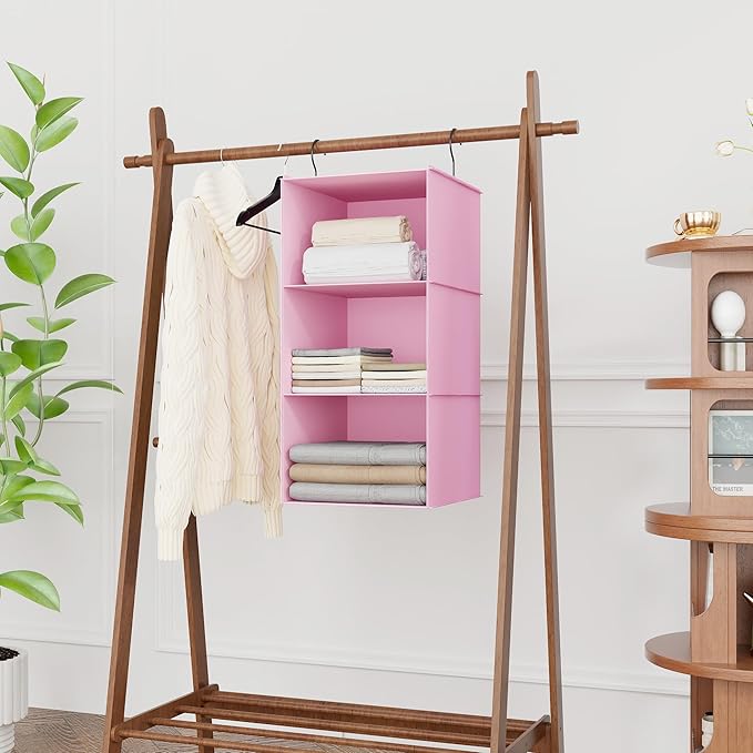 Hanging Closet Organizer and Storage 3-Shelf, Easy Mount Foldable Hanging Closet Wardrobe Storage Shelves, Clothes Handbag Sh