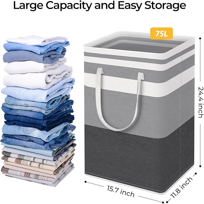 HomeHacks 3-Pack Large Laundry Basket,75L Each Waterproof, Freestanding Laundry Hamper, Collapsible Tall Clothes Hamper with 