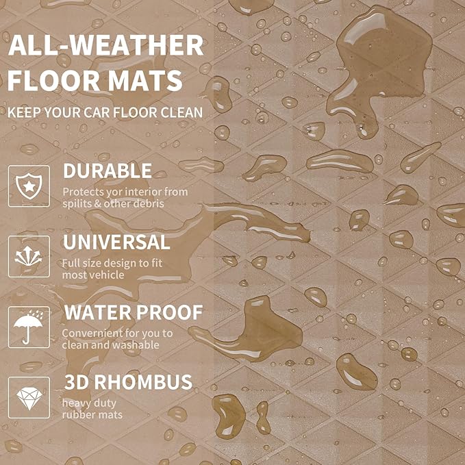 CAR PASS Beige Rubber Car Mats, All-Weather Floor Mats Full Set Durable Anti-Slip 3D Rhombus Waterproof Automotive Pad Trim to Fit Liner Universal Fit for Sedan SUV Truck Van, 4 Pcs All Beige Rubber