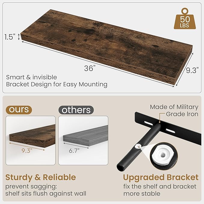 36"W x 9.3"D Floating Shelves for Wall, Wall Mounted Bathroom Shelves 2 Pack Deep Floating Shelf for Bedroom Kitchen Living R
