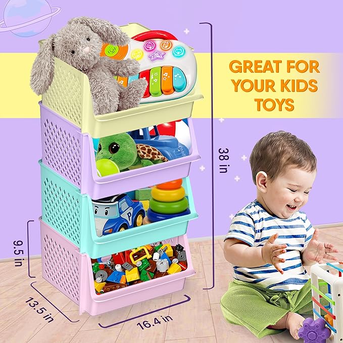 Skywin TidyFriend Large Stackable Storage Bins for Closet Organizers and Storage 4 Pack, Closet Organization for Kids Room an