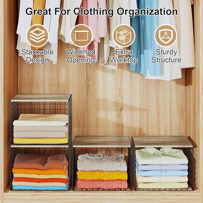 Widened & Heightened Closet Organizers And Storage Shelves With Top Board, Set of 3 Stackable Closet Shelf Organizer Storage 
