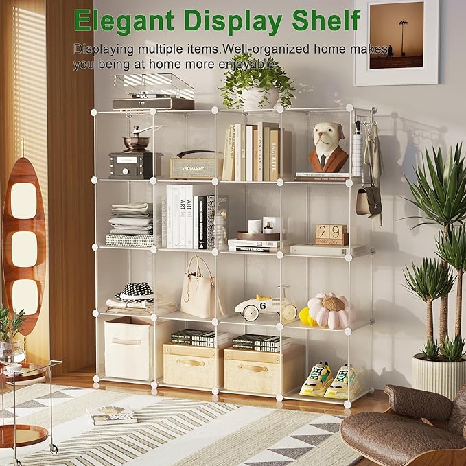 C&AHOME Cube Storage Organizer, 16-Cube Shelves Units, Plastic Storage Cubes, DIY Closet Organizer, Modular Closet Storage Sh