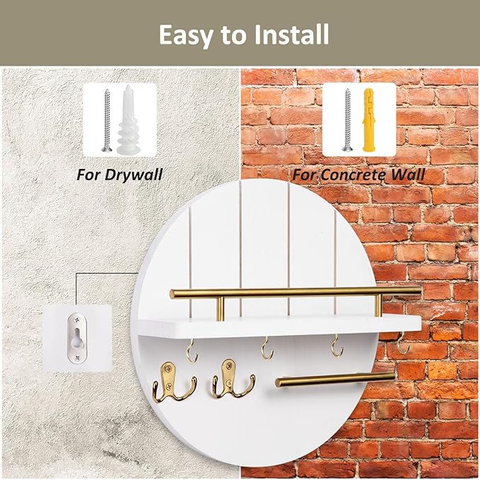 Nekon Key Holder Wall Mount, 11.8 Inch Rack With Shelf and 6 Hooks, Rustic Mail Organizer, Circular Wooden Hanger for Entrywa