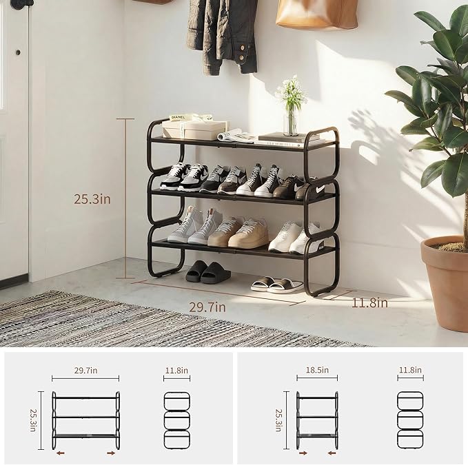3 Tier Shoe Rack - Expandable Shoe Organizer for Closet, Adjustable Metal Shoe Shelf Storage, Stackable Long Shoe Stand Holde