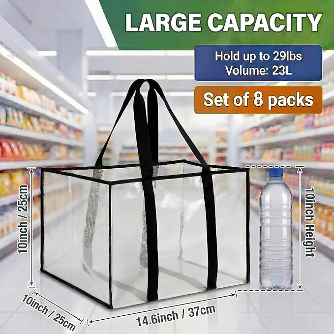 Paterr 8 Pack Reusable Grocery Bags, Heavy Duty Shopping Bags with Reinforced Bottom & Handles, Water Resistant Foldable Clear Storage for Groceries Market Car Trunk Multi-purpose, 14.6 x 10 x 10 in