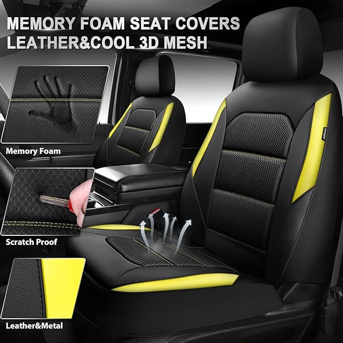 CAR PASS Memory 3D Foam Car Seat Covers Full Set, Breathable Mesh Thick Seat Covers for Car, Yellow Leather Seat Covers, Univ