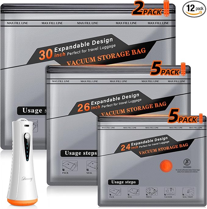 Vacuum Storage Bags for Travel with Rechargeable Air Pump, 12 Pack Space Saver Bags for Clothing, Luggage & Suitcase Compress