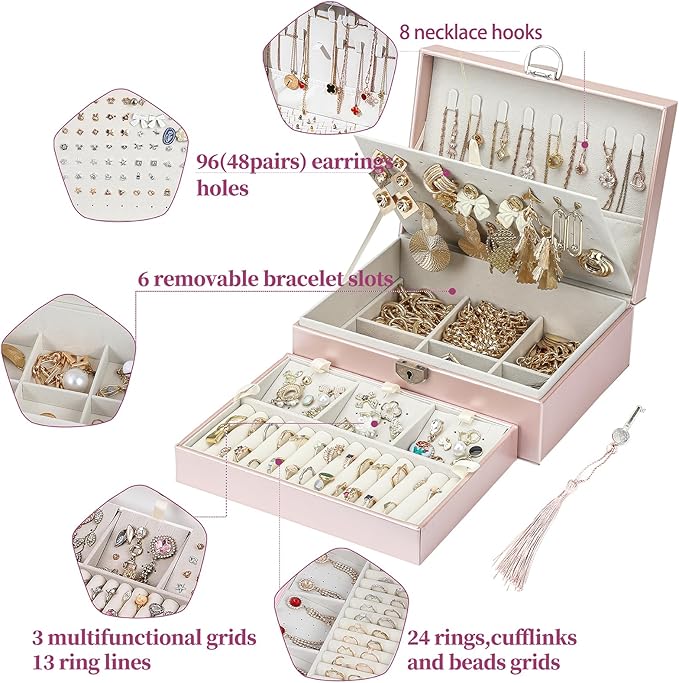 BOOVO Earring Jewelry Box For Women Girl Stud Organizer, 4 Layers Girl Jewelry Organizer Box With Lock Earring Holder Organiz
