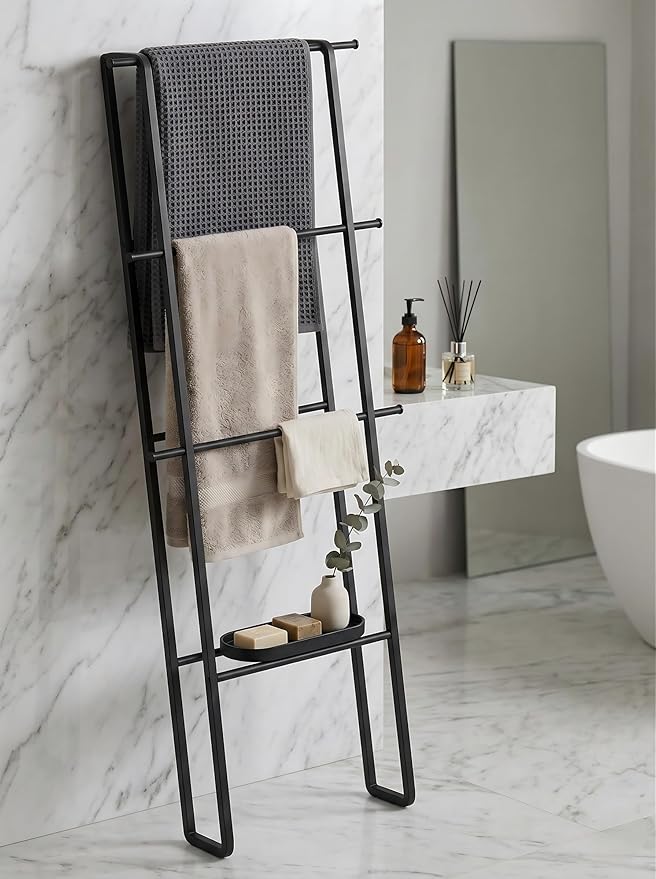 CANYAVE Metal Leaning Ladder Towel Rack, 4-Tier Blanket Stand for Bathroom Living Room, No Drilling Quilt Storage Organizer (