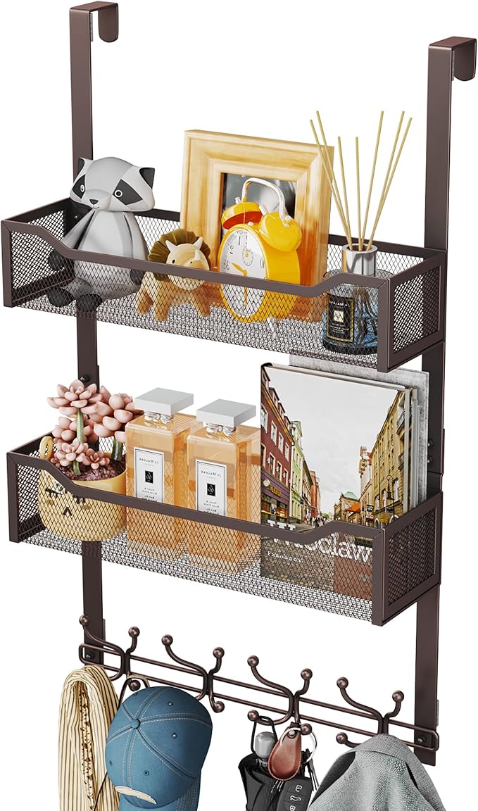 SWTYMIKI Over The Door Hooks Organizer - Multi-Functional Door Hanger with 16 Hooks & 2 Mesh Baskets, Long Coat Rack for Bath