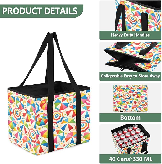 Colourful Beach Umbrellas Reusable Grocery Bags Large Shopping Tote Bag with Reinforced Bottom Board, Water Resistant Foldabl