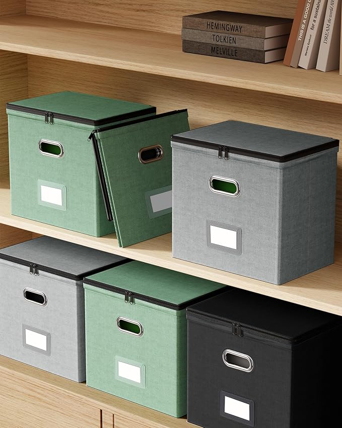 Oterri 2 Pack File Organizer Boxes with Lids, File Box with Mesh Pockets, Document Organizer Box for File Folders Letter Size