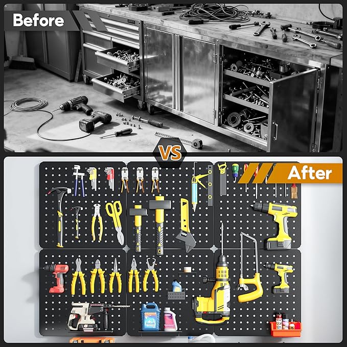 Peg Board, 70PCS Heavy Duty Metal Pegboard with Hooks, 6 Pack Black Peg Board Panels, 50lbs Load Capacity Each, Pegboard Wall