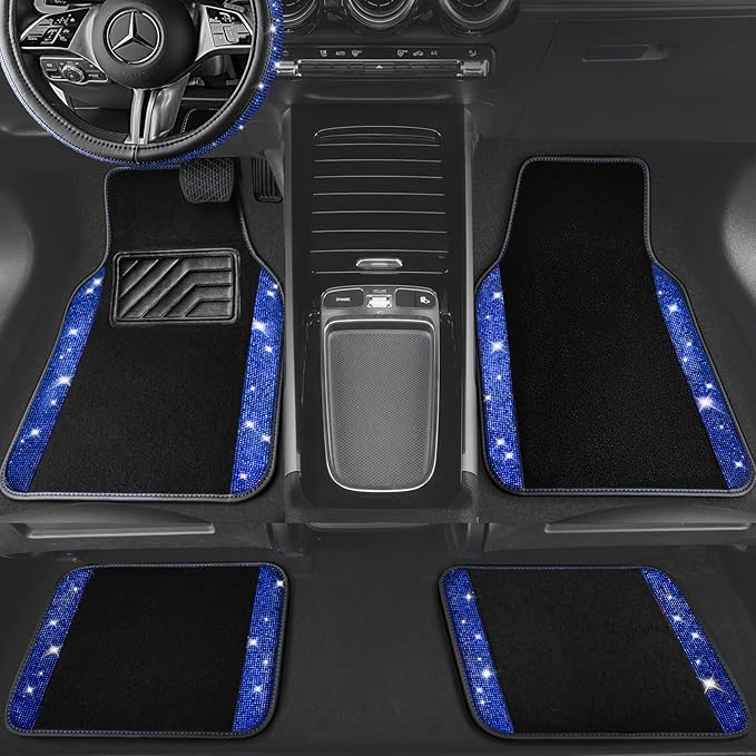CAR PASS Bling Diamond Leather Steering Wheel Cover 14.5in-15in Floor Mats Shining Rhinestone Carpet Sparkly Glitter Crystal Anti-Slip Pad Fit Automotive SUV Pickup Truck Girl Women, 5pcs Black Blue