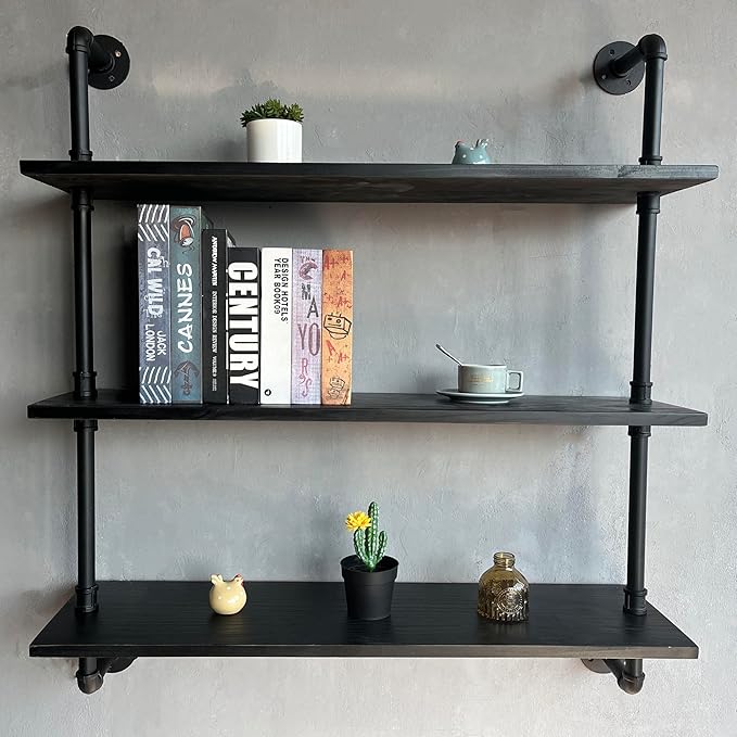Industrial Pipe Shelf Shelving Bookcase, Wall Mounted Rustic Bookshelf, Floating Bookshelves for Wall,Retro Wood Metal Pipe I