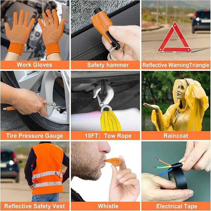AUTODECO 131 Pieces Car Emergency Safety Kit Bag with Air Compressor Jumper Cable Tire Pressure Gauge Roadside Emergency Car 