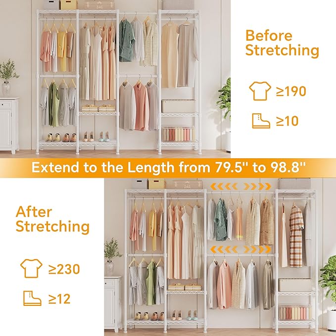 Higeego H7 Pro Heavy Duty Clothes Rack Large Garment Rack for Hanging Clothes, Freestanding Wardrobe Closet with Expandable H