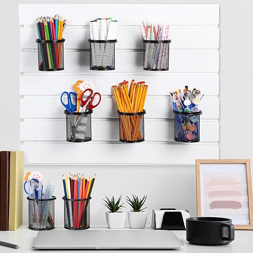 Colingmill 6 Set Slatwall Cups with Hook Black Metal Slatwall Organizer Accessories Slat Wall Basket Bin Pencil Mesh Wire Hol
