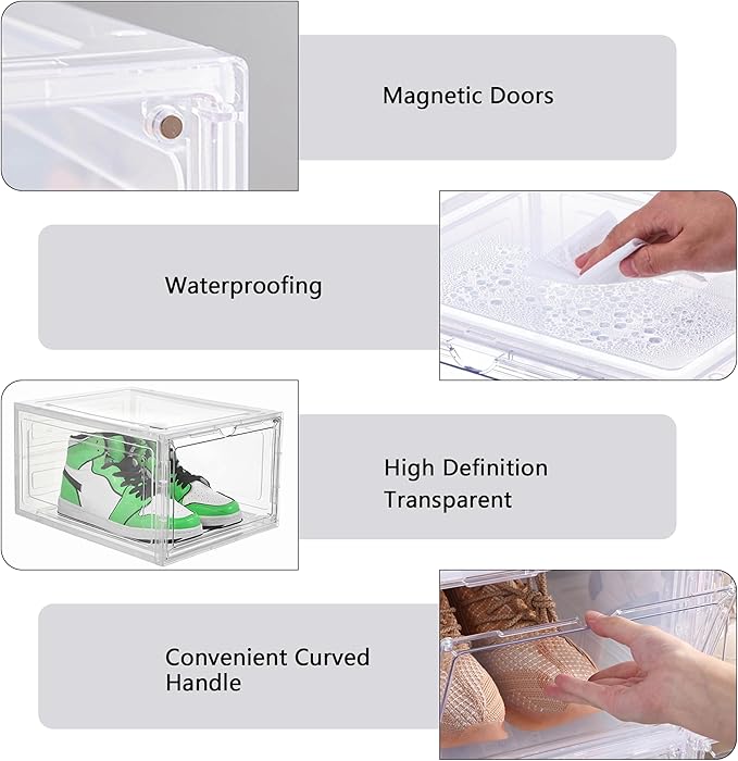Attelite Upgrade 12pack Shoe Box Storage Containers,Thicken Sturdy Clear Stackable Plastic Shoe Organizer Box with Magnetic D