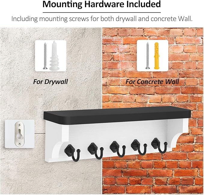 Nekon Key Holder for Wall, 11.8" W x 3.5" H x 2.8" D Decorative Key Organizer with Floating Shelf, Wall Mount Key Rack with 5